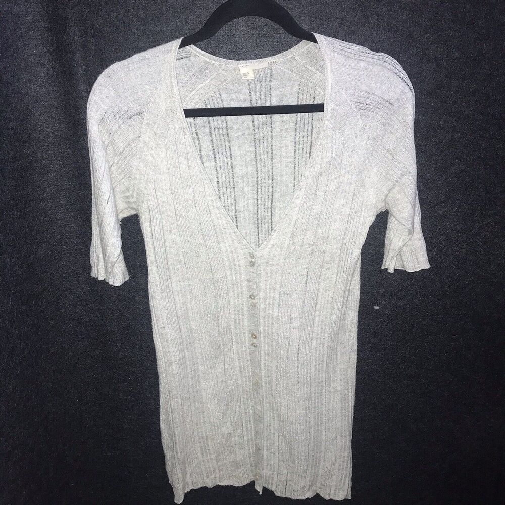 Eileen Fisher Cardigan Petite Small PS Grey Ribbed Lightweight 3/4 Sleeve Linen*